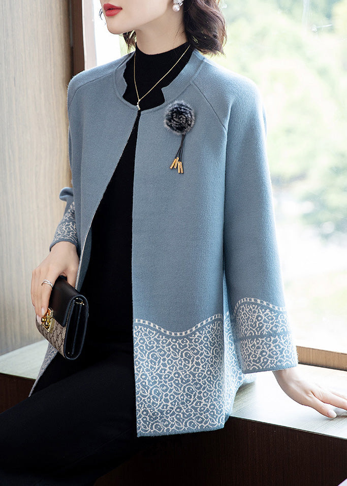 Classy Blue O-Neck Patchwork Knit Coats Spring