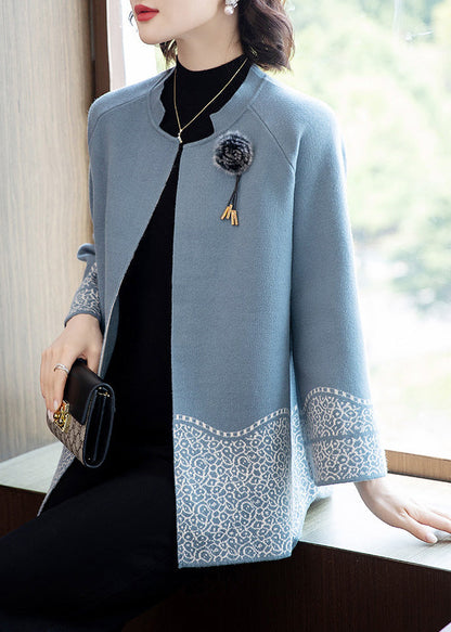 Classy Blue O-Neck Patchwork Knit Coats Spring