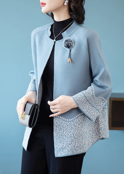Classy Blue O-Neck Patchwork Knit Coats Spring