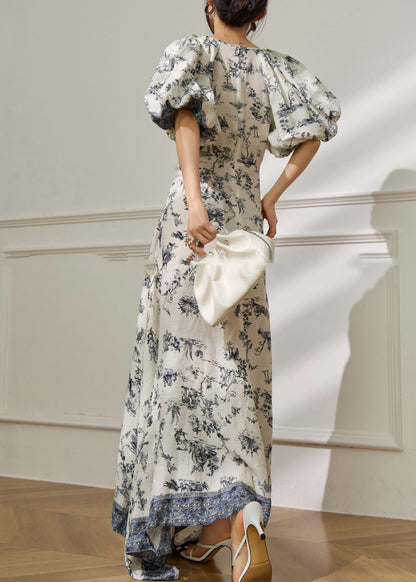 Classy Blue O-Neck Print Long Dress Short Sleeve