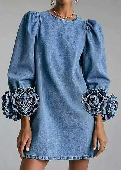Classy Blue O-Neck Stereoscopic Floral Denim Mini Dress Puff Sleeve
