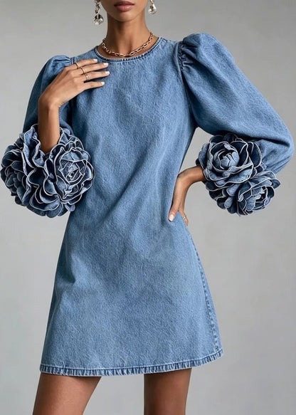 Classy Blue O-Neck Stereoscopic Floral Denim Mini Dress Puff Sleeve