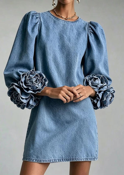Classy Blue O-Neck Stereoscopic Floral Denim Mini Dress Puff Sleeve