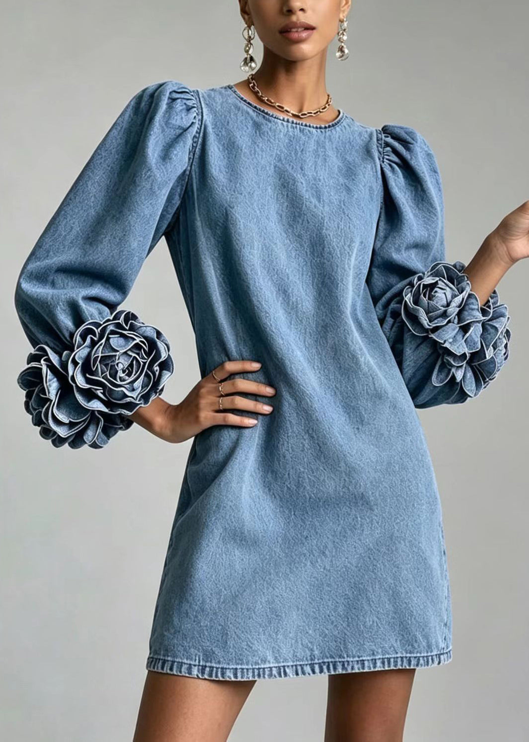 Classy Blue O-Neck Stereoscopic Floral Denim Mini Dress Puff Sleeve