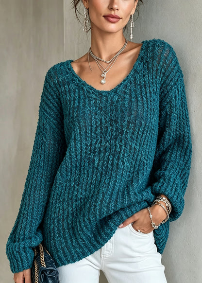 Classy Blue O Neck Thick Cozy Warm Knit Sweater Fall