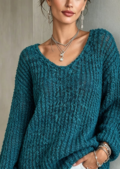 Classy Blue O Neck Thick Cozy Warm Knit Sweater Fall