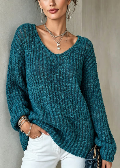 Classy Blue O Neck Thick Cozy Warm Knit Sweater Fall