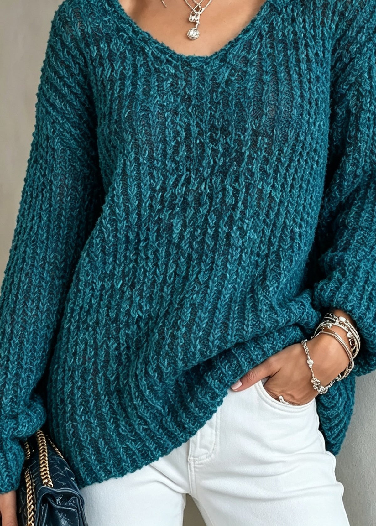 Classy Blue O Neck Thick Cozy Warm Knit Sweater Fall