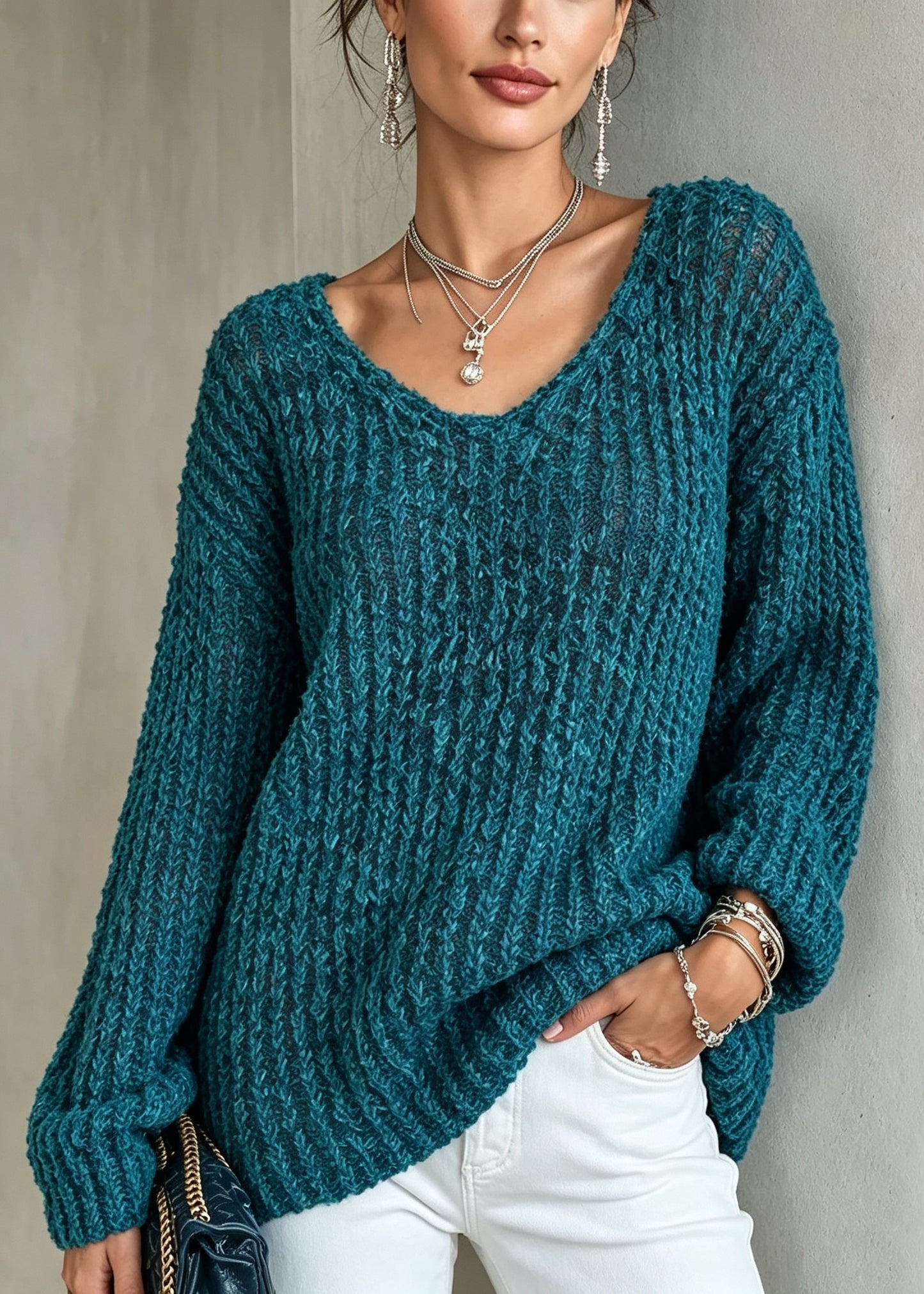 Classy Blue O Neck Thick Cozy Warm Knit Sweater Fall