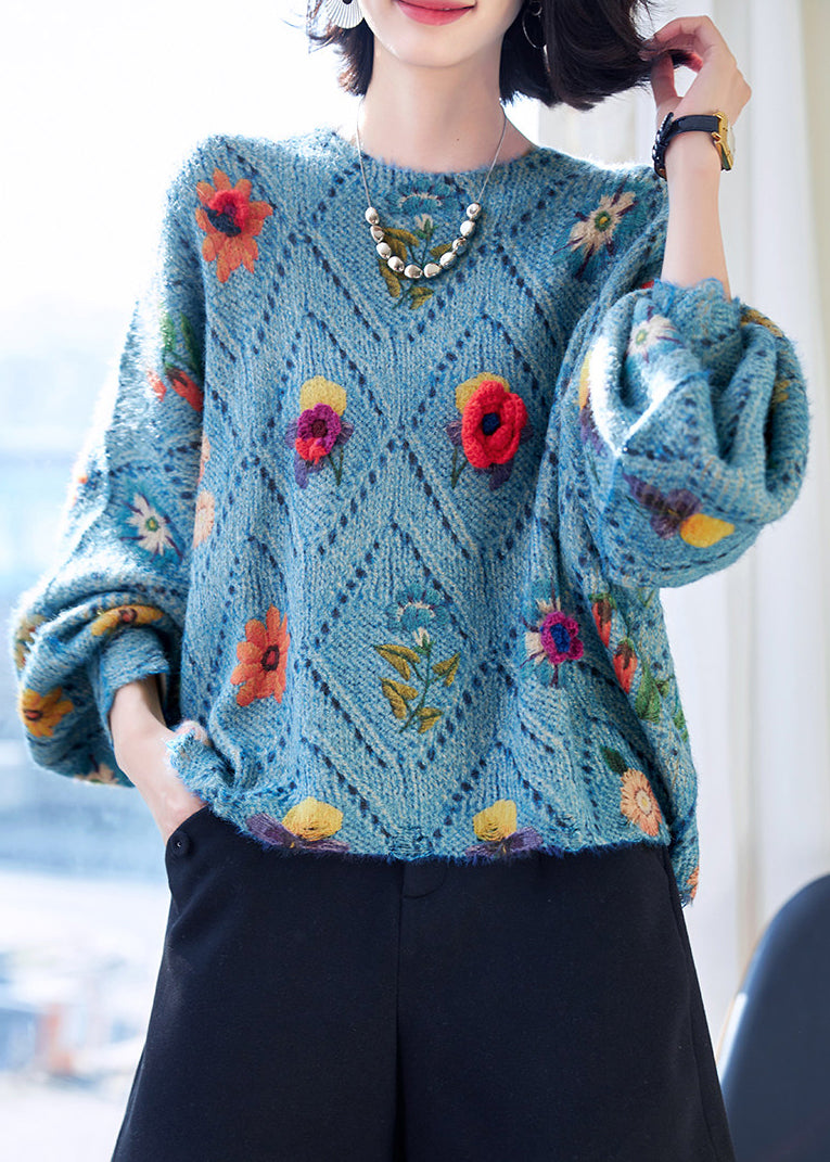 Classy Blue Oversized Floral Knit Sweater Tops Fall