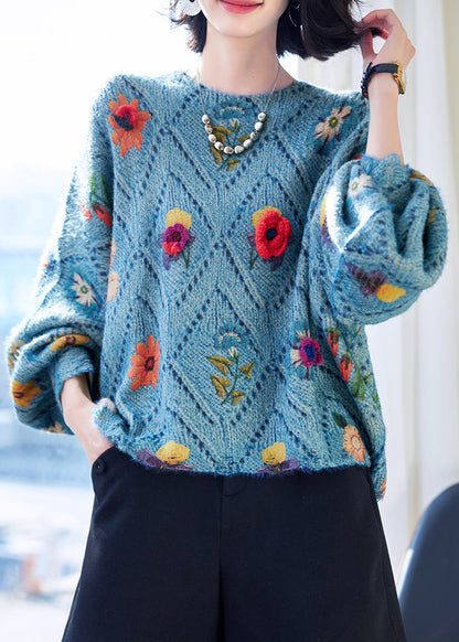 Classy Blue Oversized Floral Knit Sweater Tops Fall