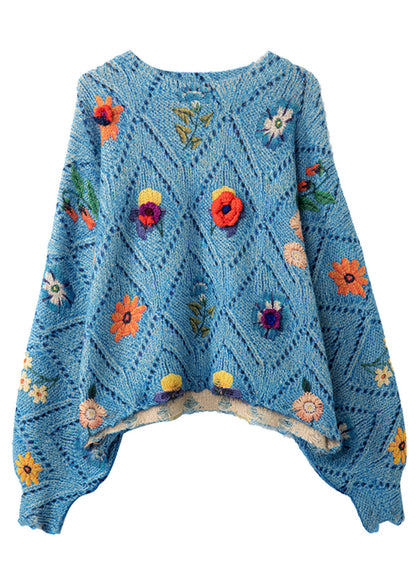 Classy Blue Oversized Floral Knit Sweater Tops Fall