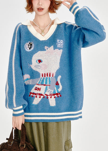 Classy Blue Oversized Jacquard Knitted Tops Winter