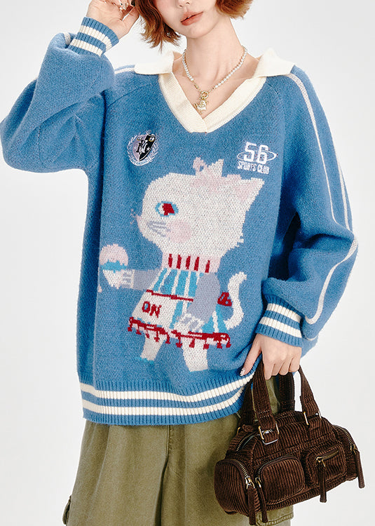 Classy Blue Oversized Jacquard Knitted Tops Winter