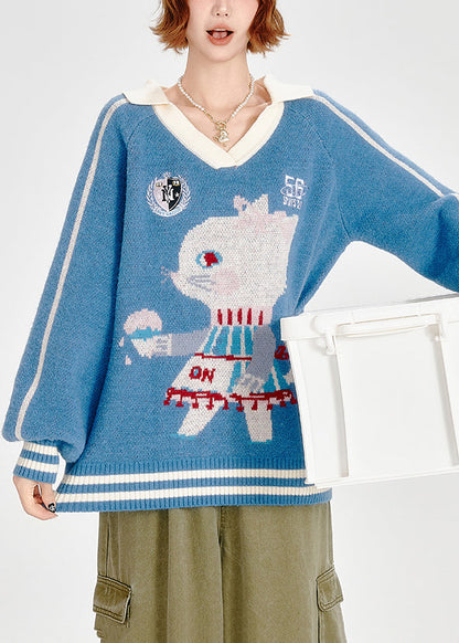 Classy Blue Oversized Jacquard Knitted Tops Winter