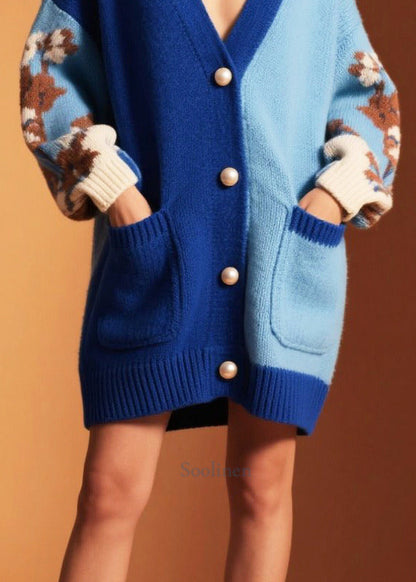 Classy Blue Oversized Patchwork Knit Loose Coat Winter