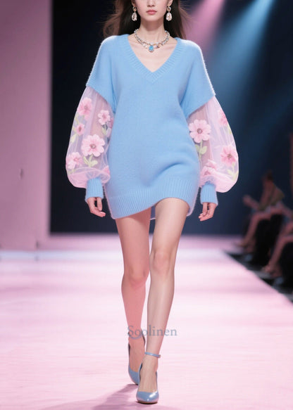 Classy Blue Oversized Patchwork Tulle Long Sweater Winter