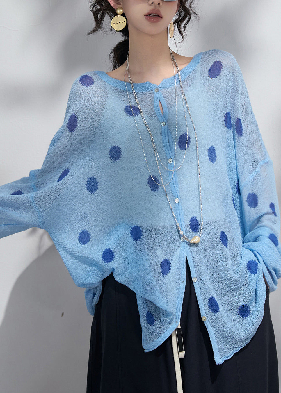 Classy Blue Oversized Print Knit UPF 50+Cardigans Spring