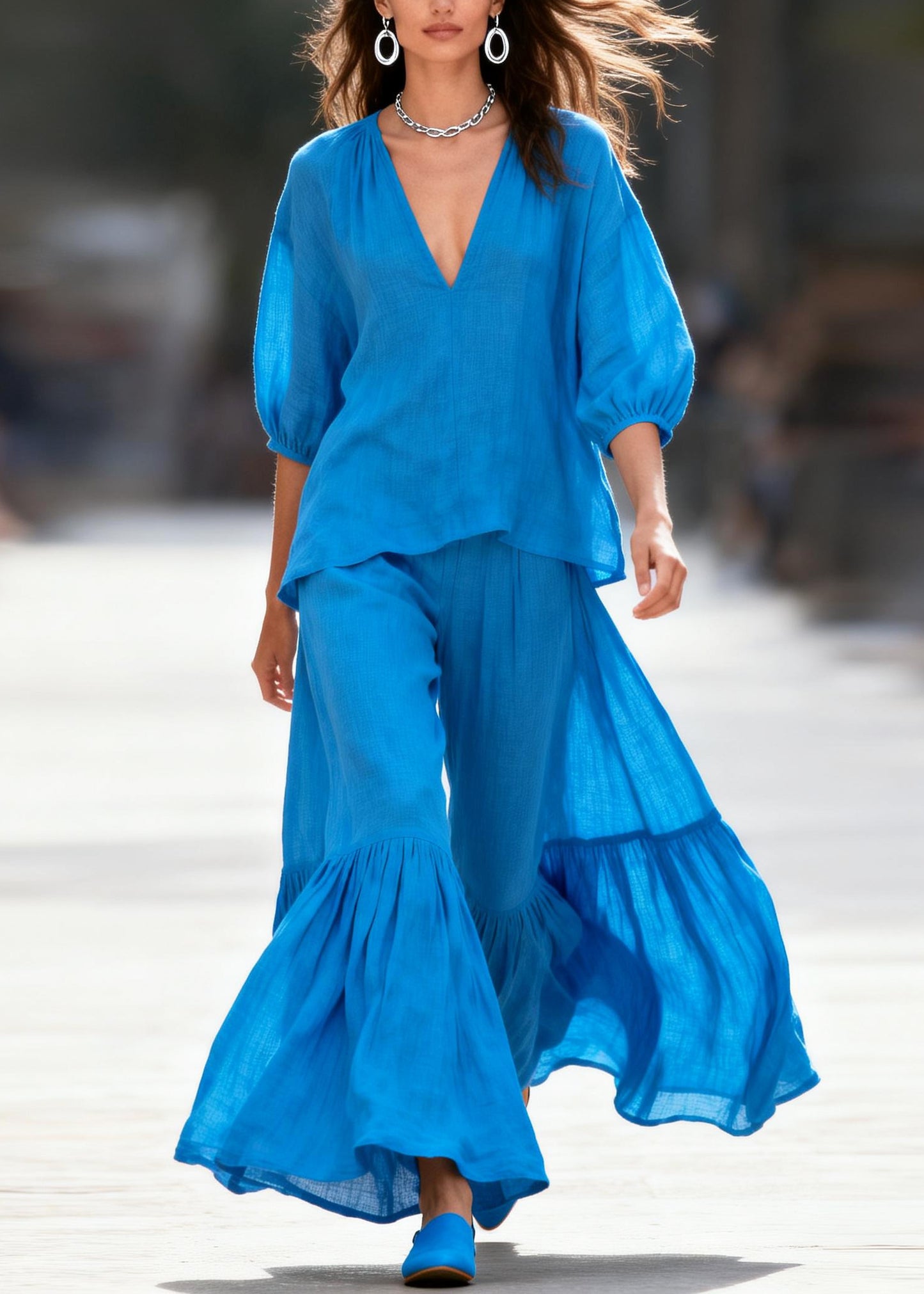 Classy Blue Oversized Wrinkled Cotton Two Pieces Set Summer
