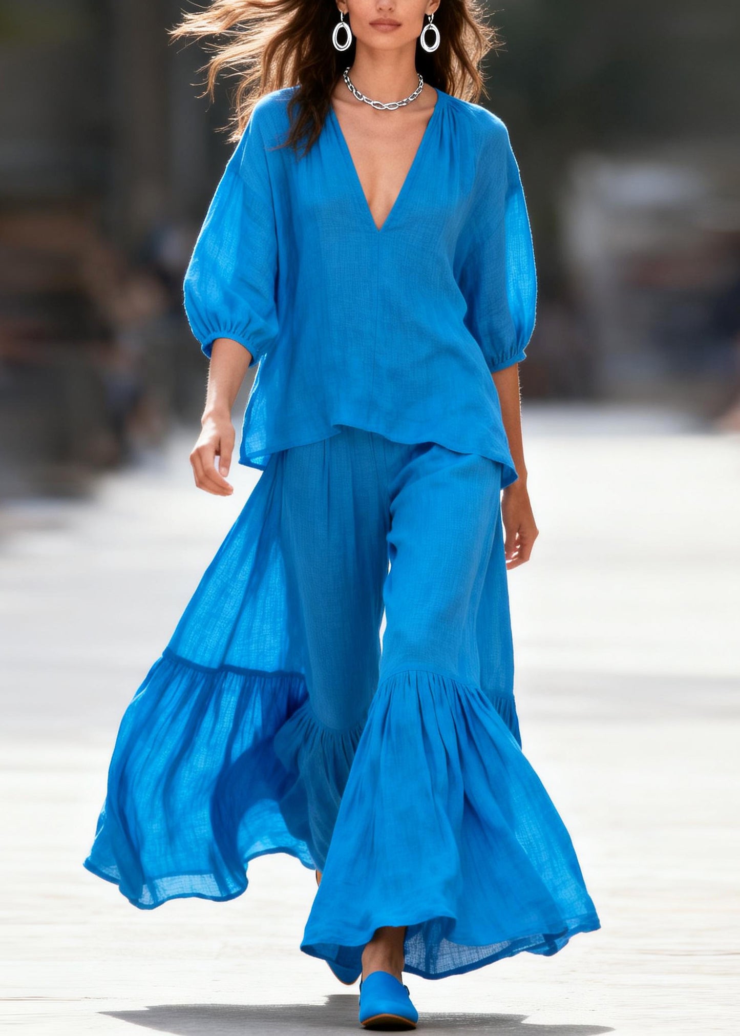 Classy Blue Oversized Wrinkled Cotton Two Pieces Set Summer