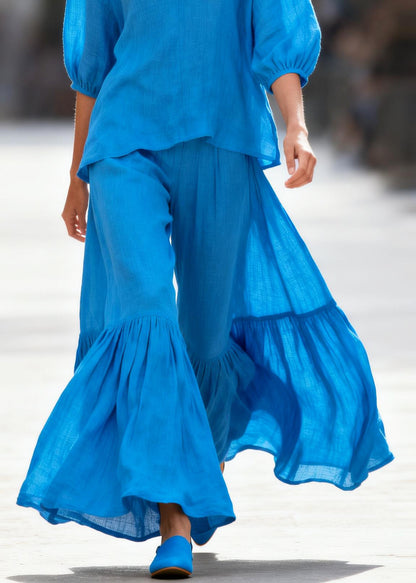 Classy Blue Oversized Wrinkled Cotton Two Pieces Set Summer
