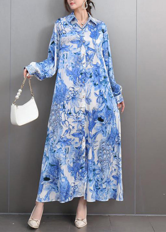 Classy Blue Peter Pan Collar Print Party Long Shirts Dress Fall