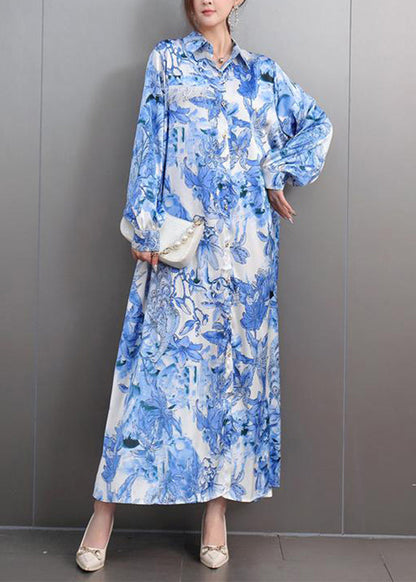 Classy Blue Peter Pan Collar Print Party Long Shirts Dress Fall