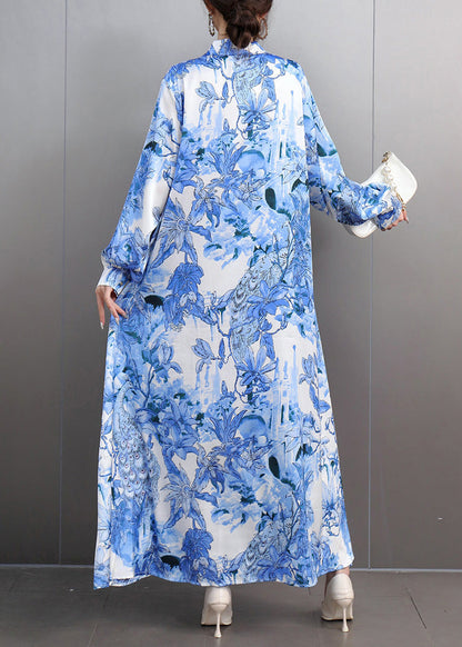 Classy Blue Peter Pan Collar Print Party Long Shirts Dress Fall