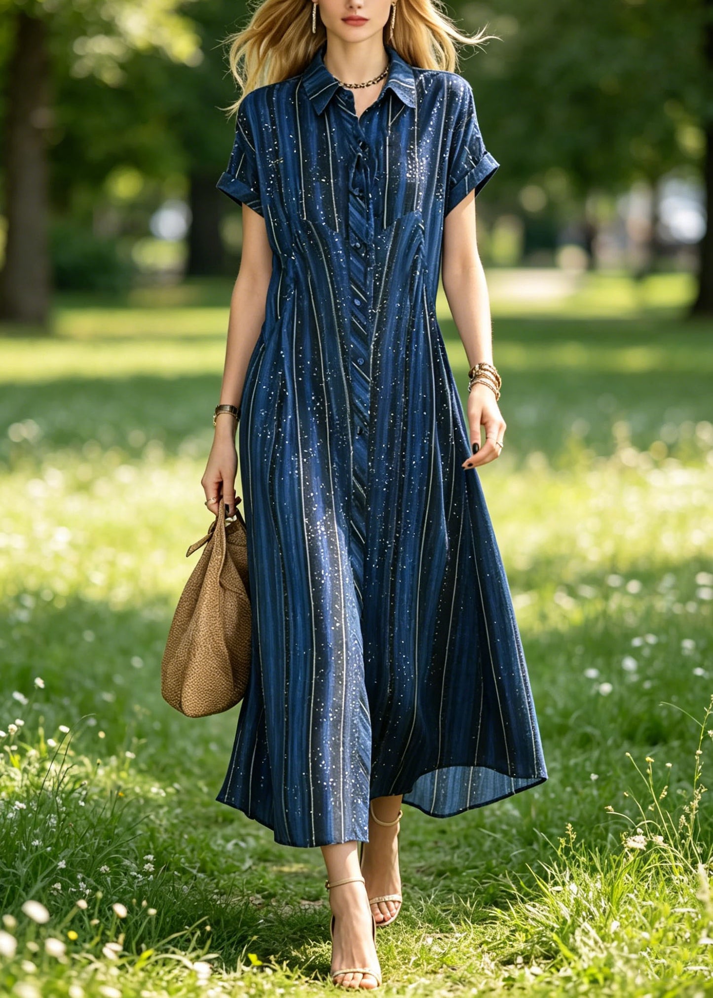 Classy Blue Peter Pan Collar Striped Silk Maxi Dresses Summer