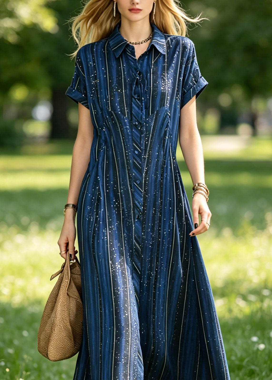 Classy Blue Peter Pan Collar Striped Silk Maxi Dresses Summer