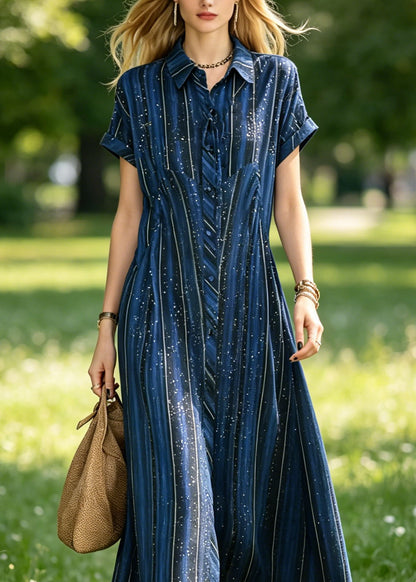 Classy Blue Peter Pan Collar Striped Silk Maxi Dresses Summer
