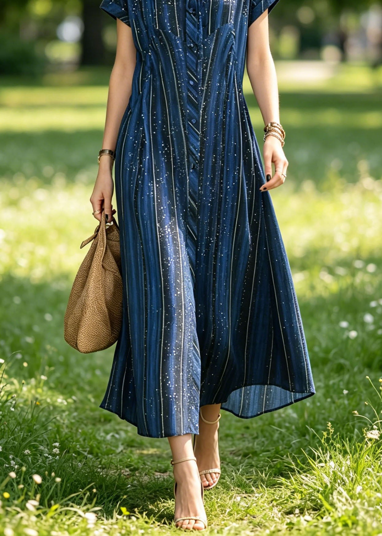 Classy Blue Peter Pan Collar Striped Silk Maxi Dresses Summer