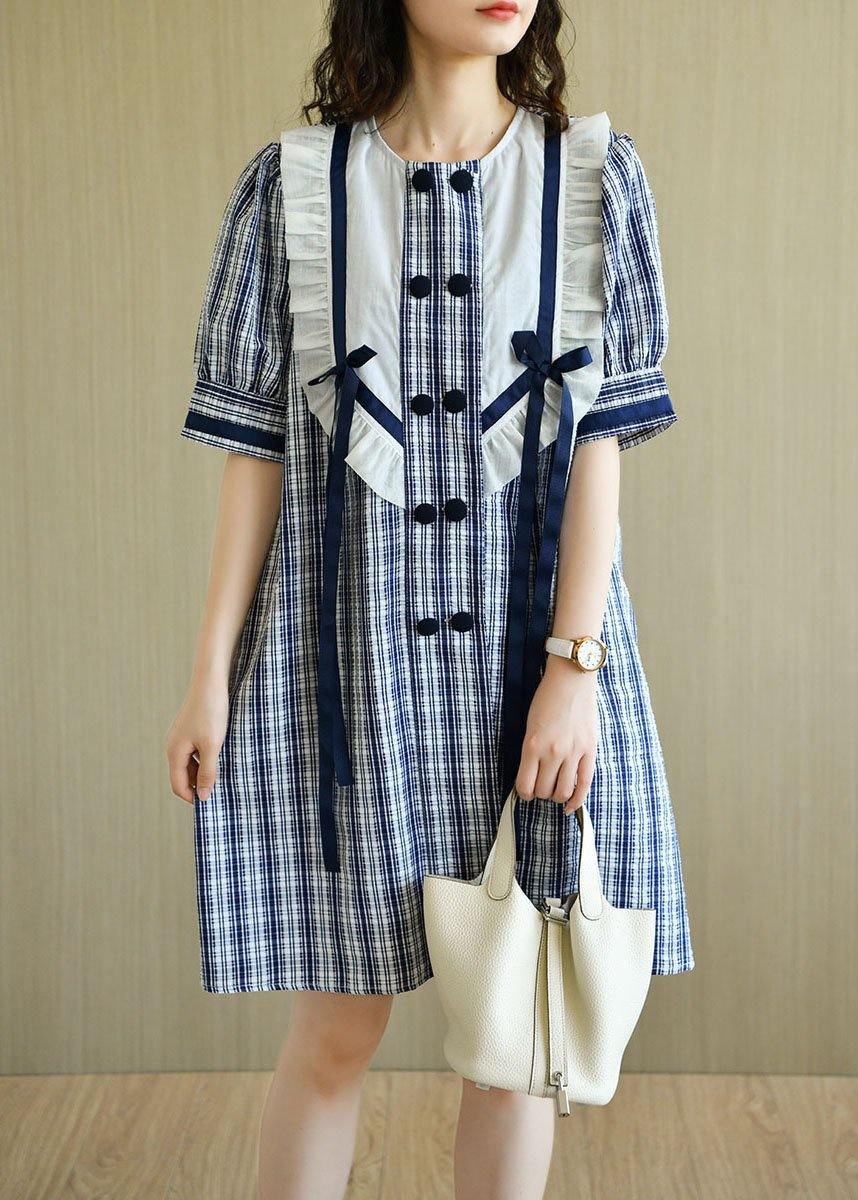 Classy Blue Plaid Ruffled O-Neck Button Summer Dresses Half Sleeve - SooLinen