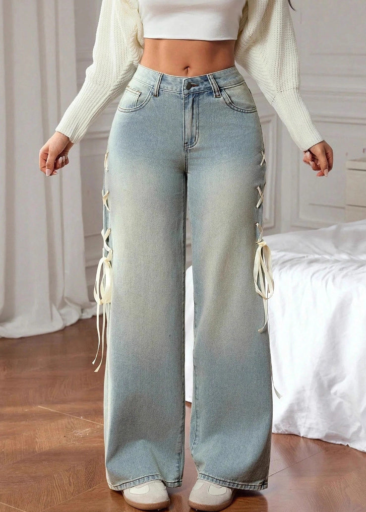 Classy Blue Pockets Silk Ribbon Straight Jeans Fall