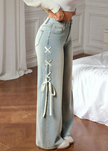 Classy Blue Pockets Silk Ribbon Straight Jeans Fall
