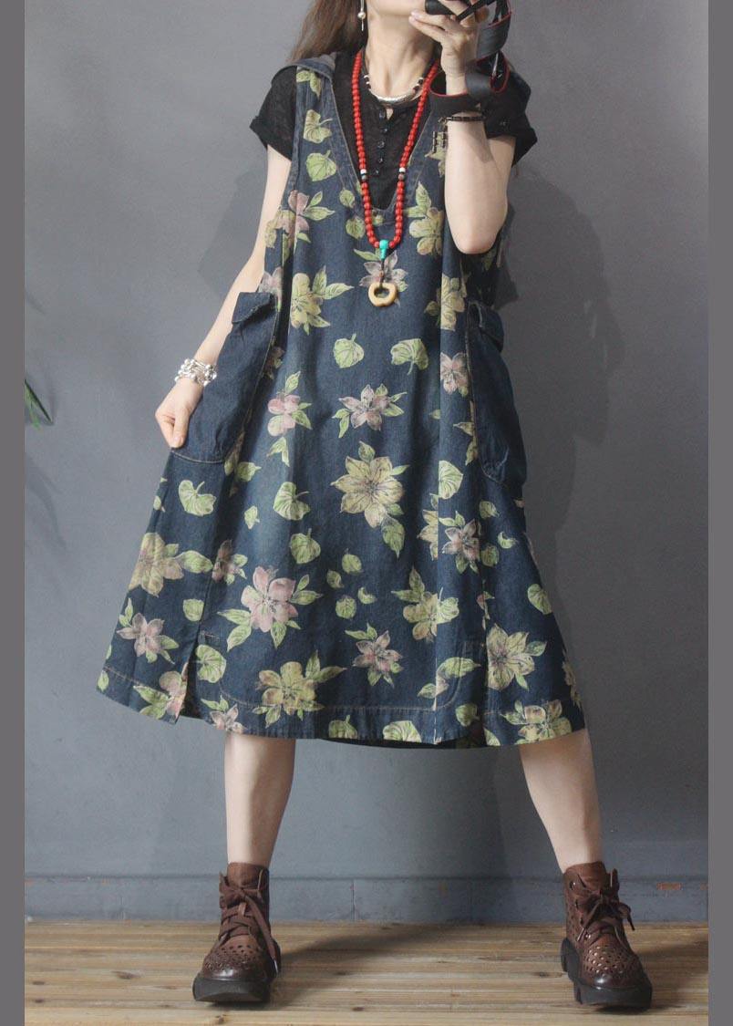 Classy Blue Print Green Floral Cotton side open Summer Maxi Dresses - SooLinen