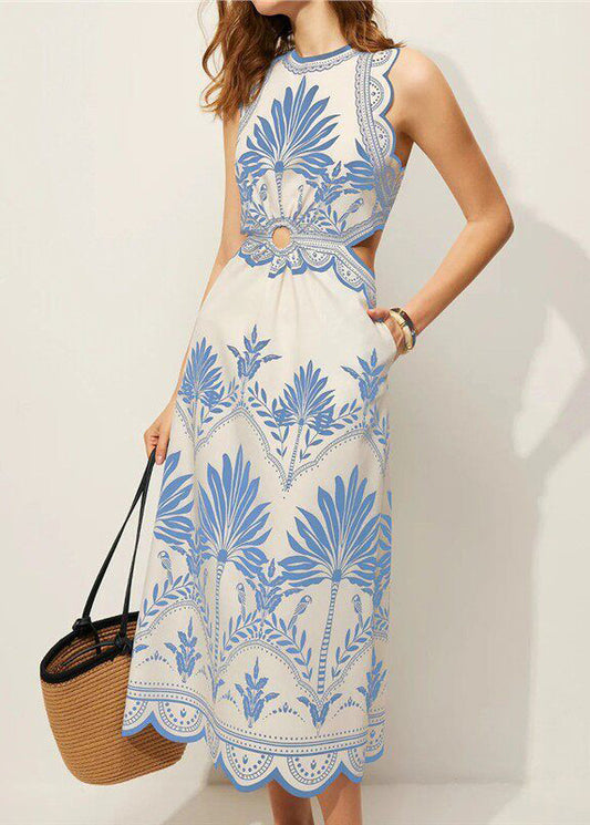 Classy Blue Print Hollow Out Backless Maxi Dress Sleeveless