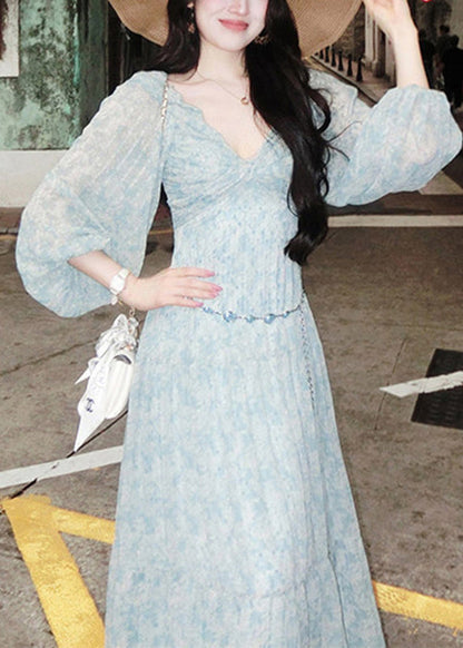 Classy Blue Print Wrinkled Maxi Dress Lantern Sleeve