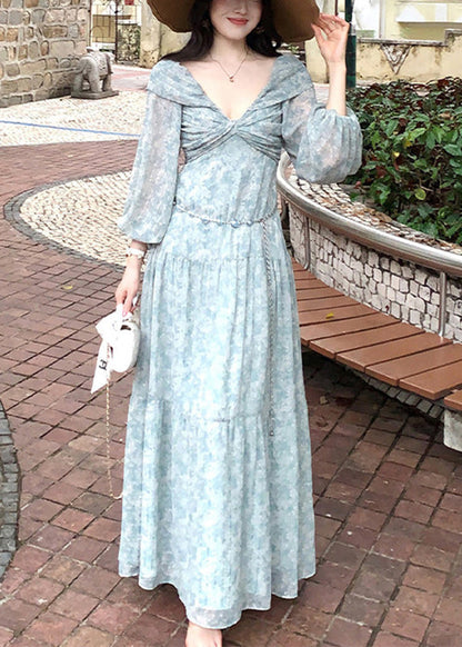 Classy Blue Print Wrinkled Maxi Dress Lantern Sleeve