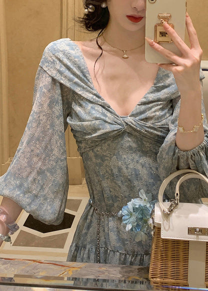 Classy Blue Print Wrinkled Maxi Dress Lantern Sleeve