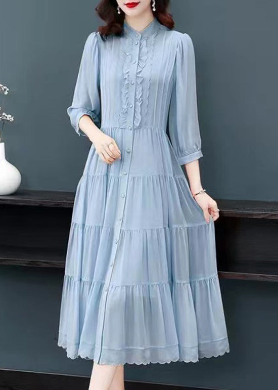 Classy Blue Ruffled Button Patchwork Silk Long Dresses Summer