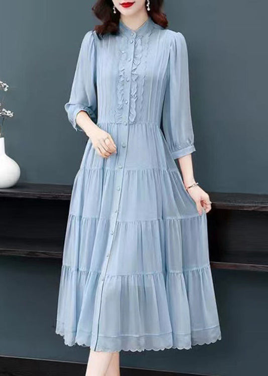 Classy Blue Ruffled Button Patchwork Silk Long Dresses Summer