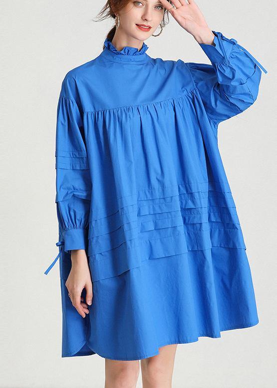 Classy Blue Ruffled Cotton Spring Mid Dress - SooLinen