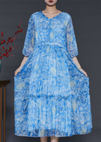 Classy Blue Ruffled Print Chiffon Long Dress Summer