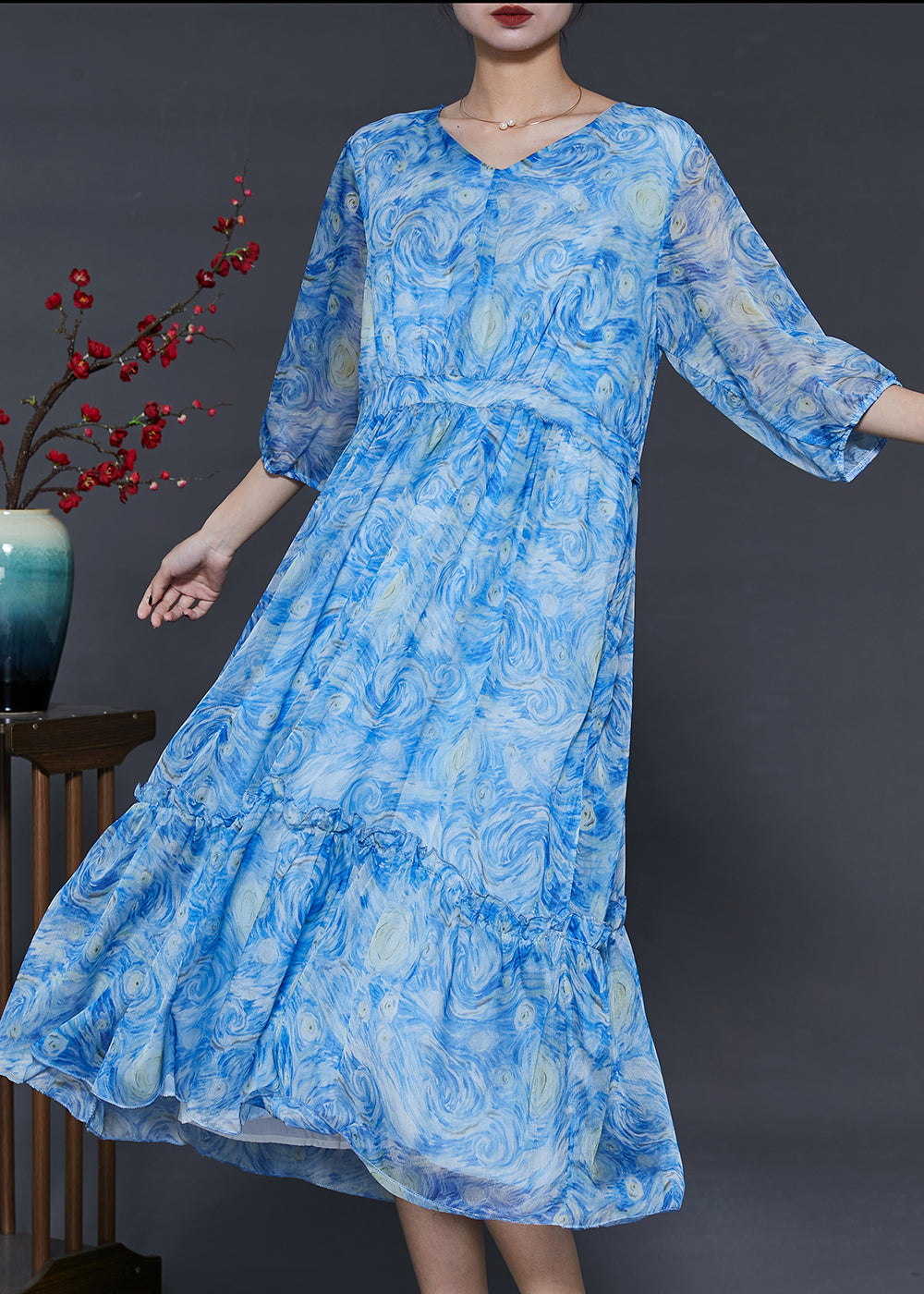 Classy Blue Ruffled Print Chiffon Long Dress Summer