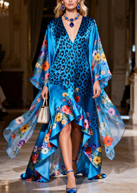 Classy Blue V Neck Asymmetrical Design Print Silk Long Dresses Summer