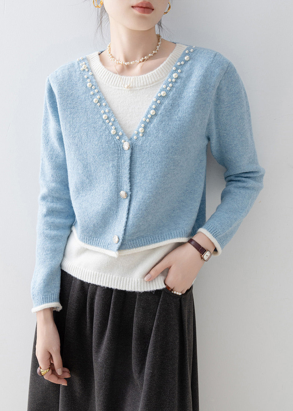 Classy Blue V Neck Nail Bead Patchwork False Two Pieces Knit Sweaters Spring