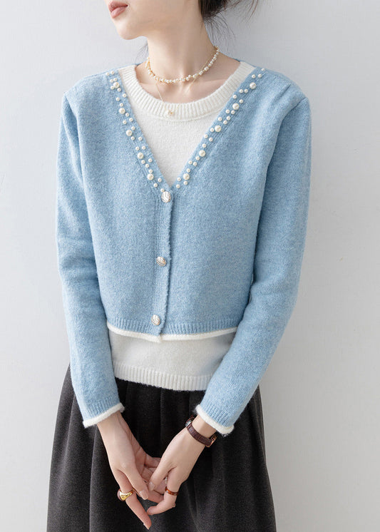 Classy Blue V Neck Nail Bead Patchwork False Two Pieces Knit Sweaters Spring