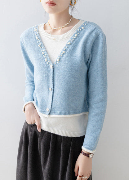 Classy Blue V Neck Nail Bead Patchwork False Two Pieces Knit Sweaters Spring