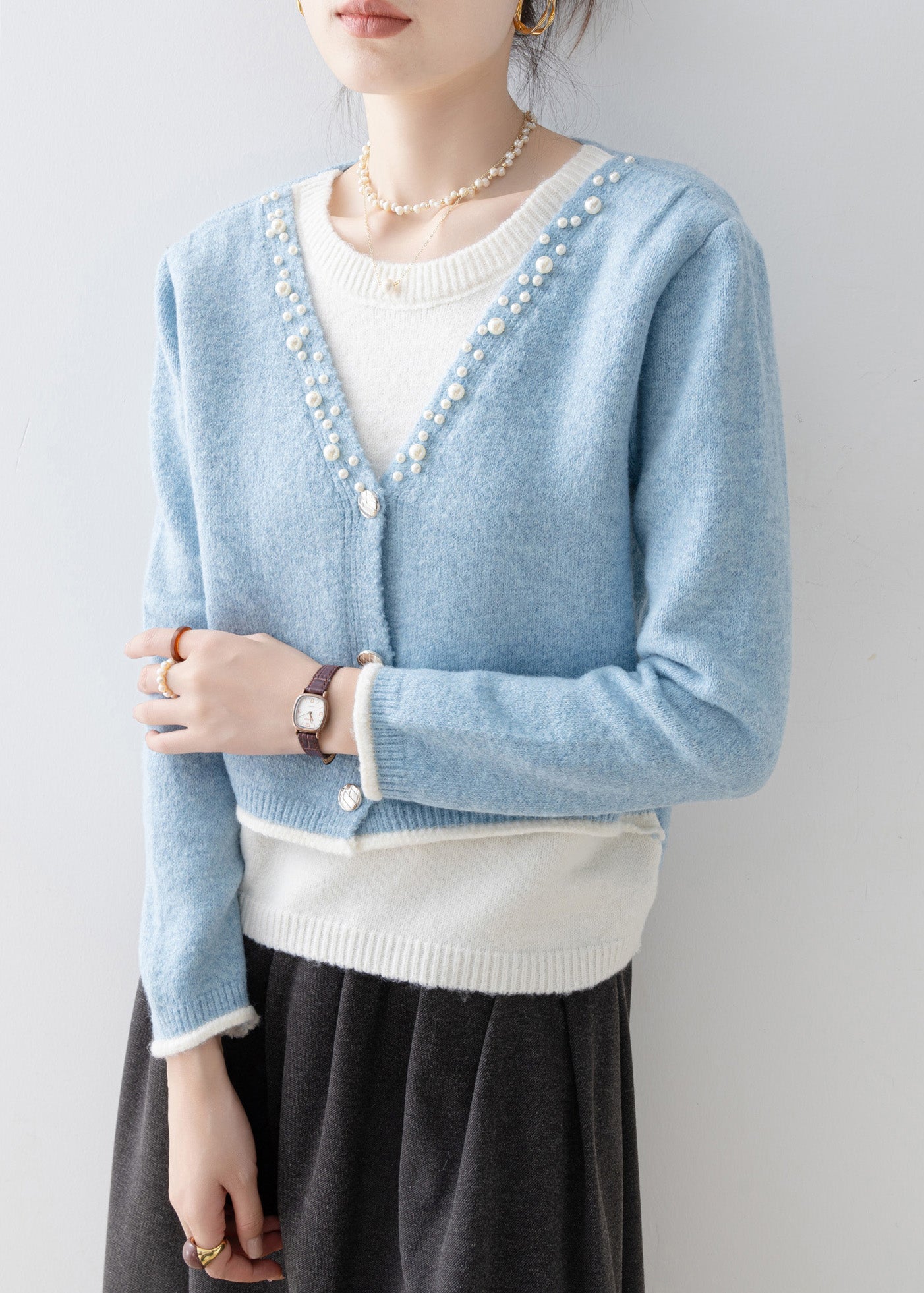 Classy Blue V Neck Nail Bead Patchwork False Two Pieces Knit Sweaters Spring